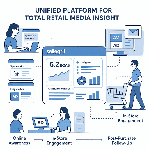 Unified platform for total retail media insight showing customer journey from online awareness to in-store engagement
