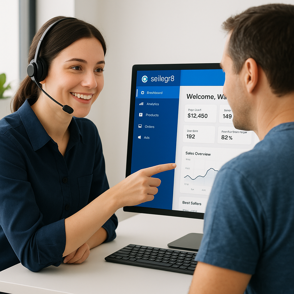 Sellegr8 Support Specialist helping a Walmart seller with their dashboard